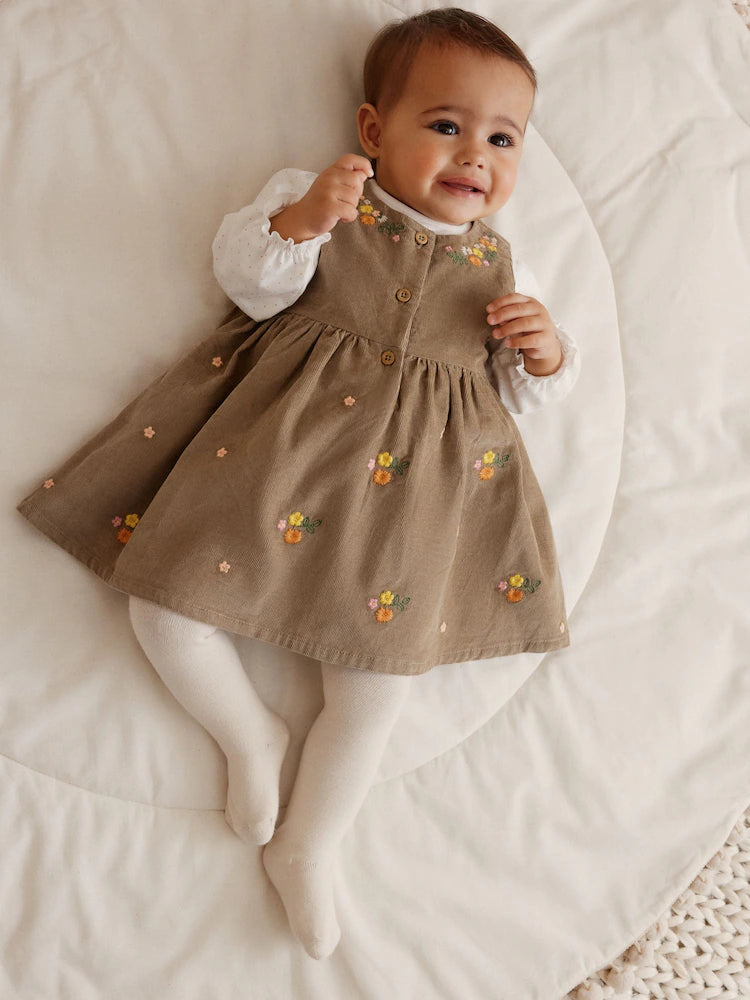 Olive Green Embroidered Baby Cord Pinafore Long Sleeve Bodysuit & Tights Set