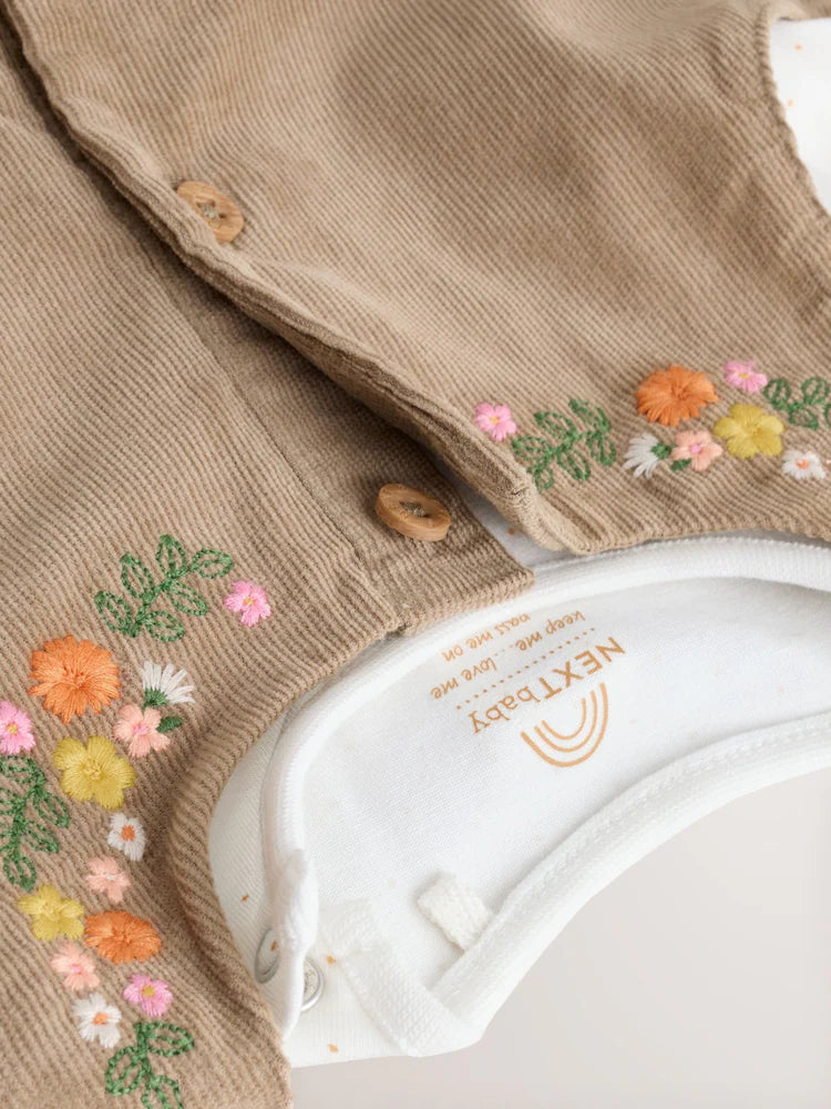 Olive Green Embroidered Baby Cord Pinafore Long Sleeve Bodysuit & Tights Set