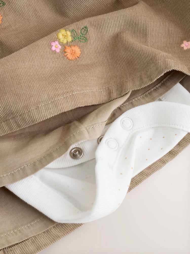 Olive Green Embroidered Baby Cord Pinafore Long Sleeve Bodysuit & Tights Set