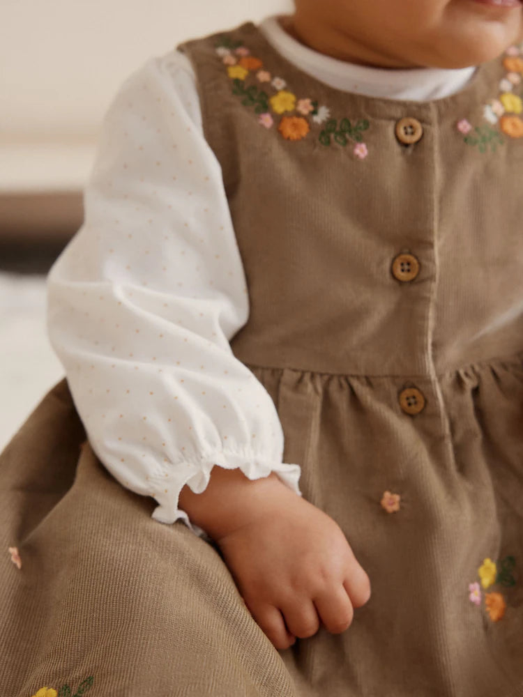 Olive Green Embroidered Baby Cord Pinafore Long Sleeve Bodysuit & Tights Set