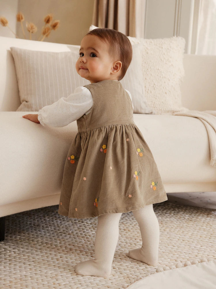 Olive Green Embroidered Baby Cord Pinafore Long Sleeve Bodysuit & Tights Set