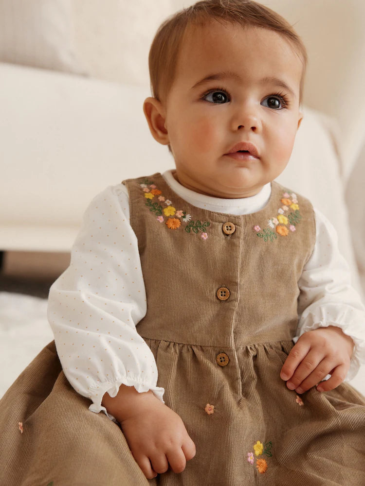Olive Green Embroidered Baby Cord Pinafore Long Sleeve Bodysuit & Tights Set