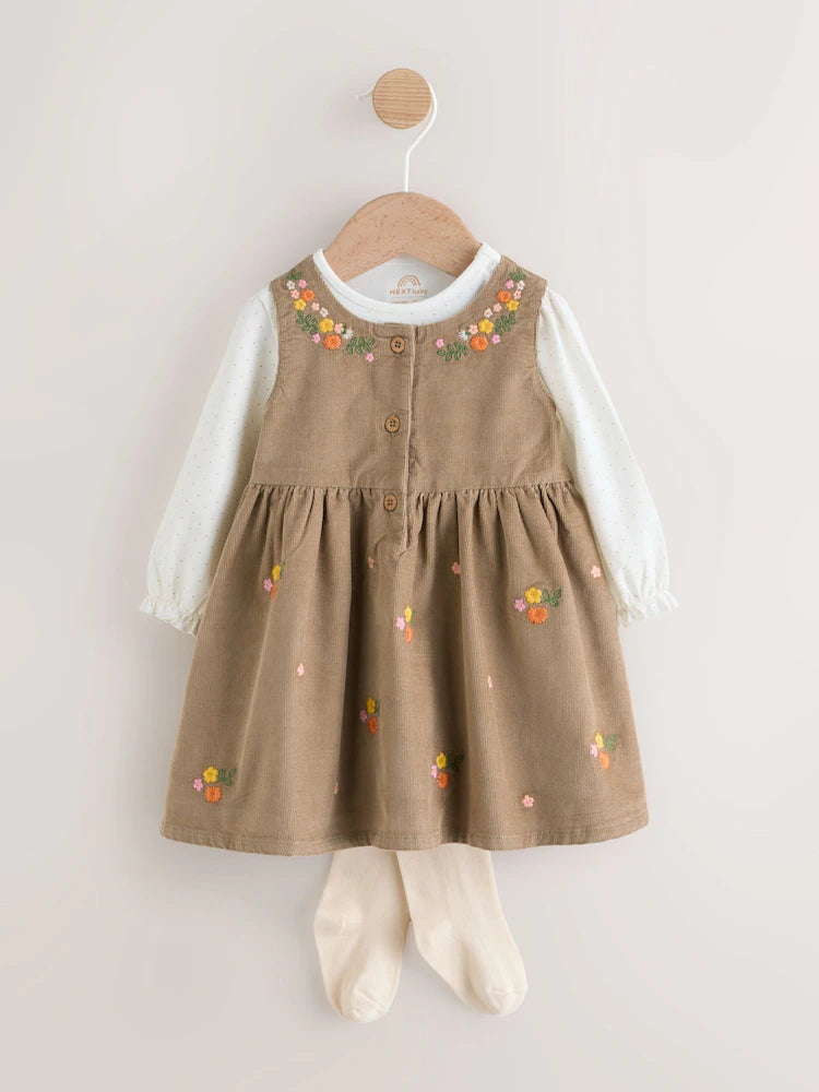 Olive Green Embroidered Baby Cord Pinafore Long Sleeve Bodysuit & Tights Set