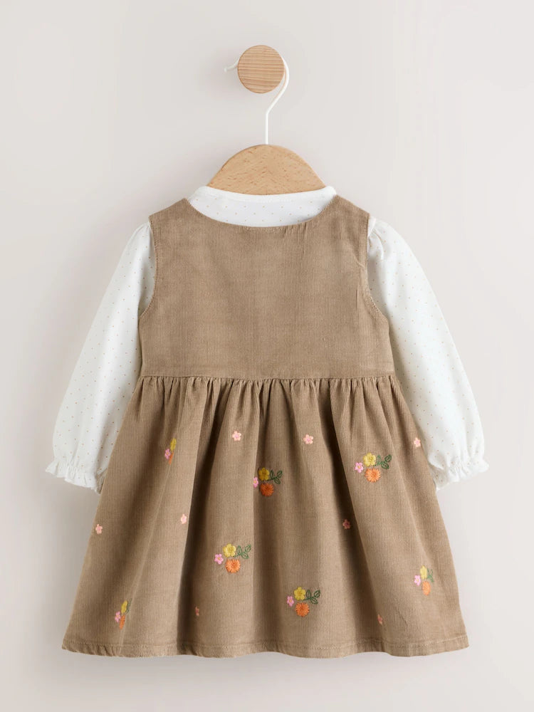 Olive Green Embroidered Baby Cord Pinafore Long Sleeve Bodysuit & Tights Set