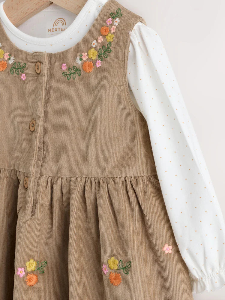 Olive Green Embroidered Baby Cord Pinafore Long Sleeve Bodysuit & Tights Set