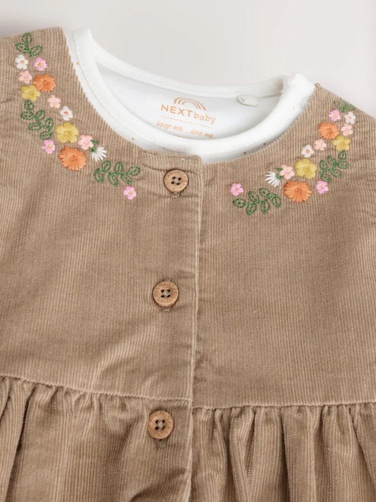 Olive Green Embroidered Baby Cord Pinafore Long Sleeve Bodysuit & Tights Set