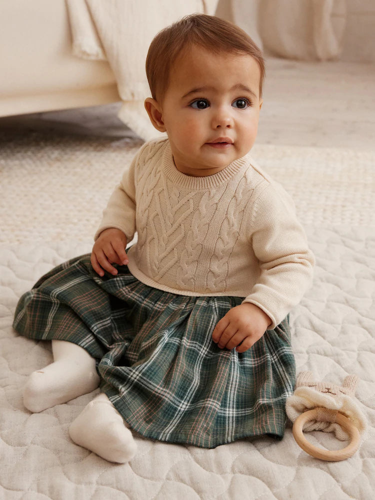 Cream/ Green Check Twofer Knitted Baby Dress