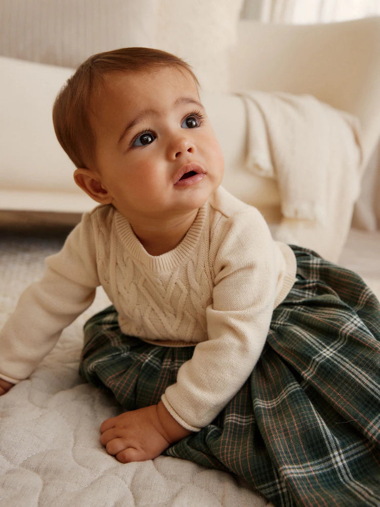 Cream/ Green Check Twofer Knitted Baby Dress