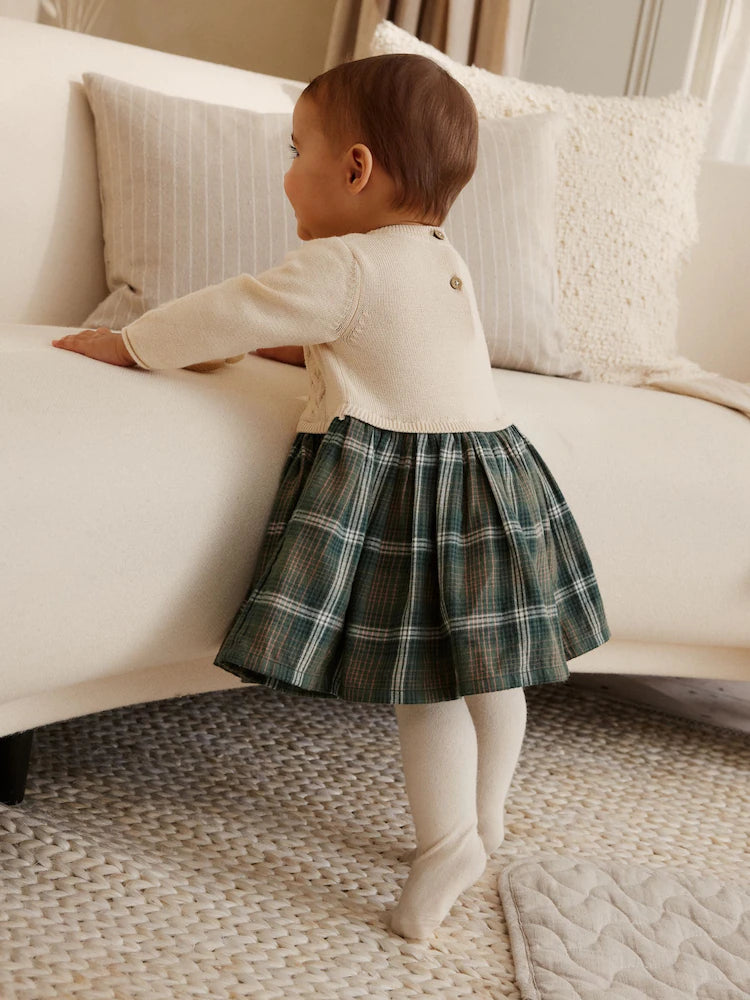 Cream/ Green Check Twofer Knitted Baby Dress