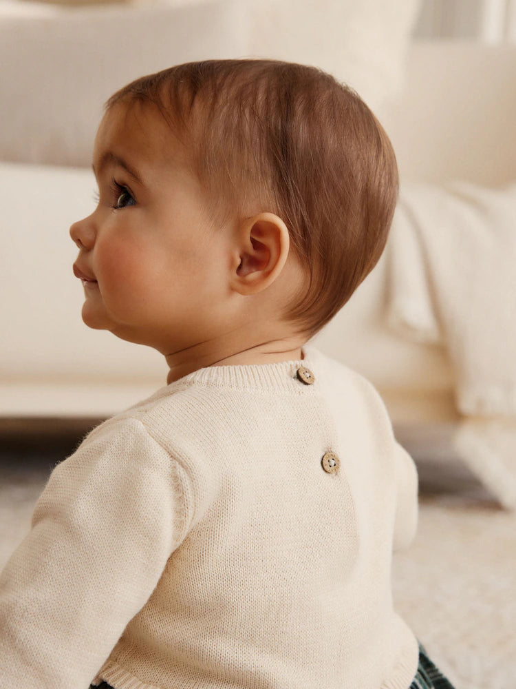 Cream/ Green Check Twofer Knitted Baby Dress