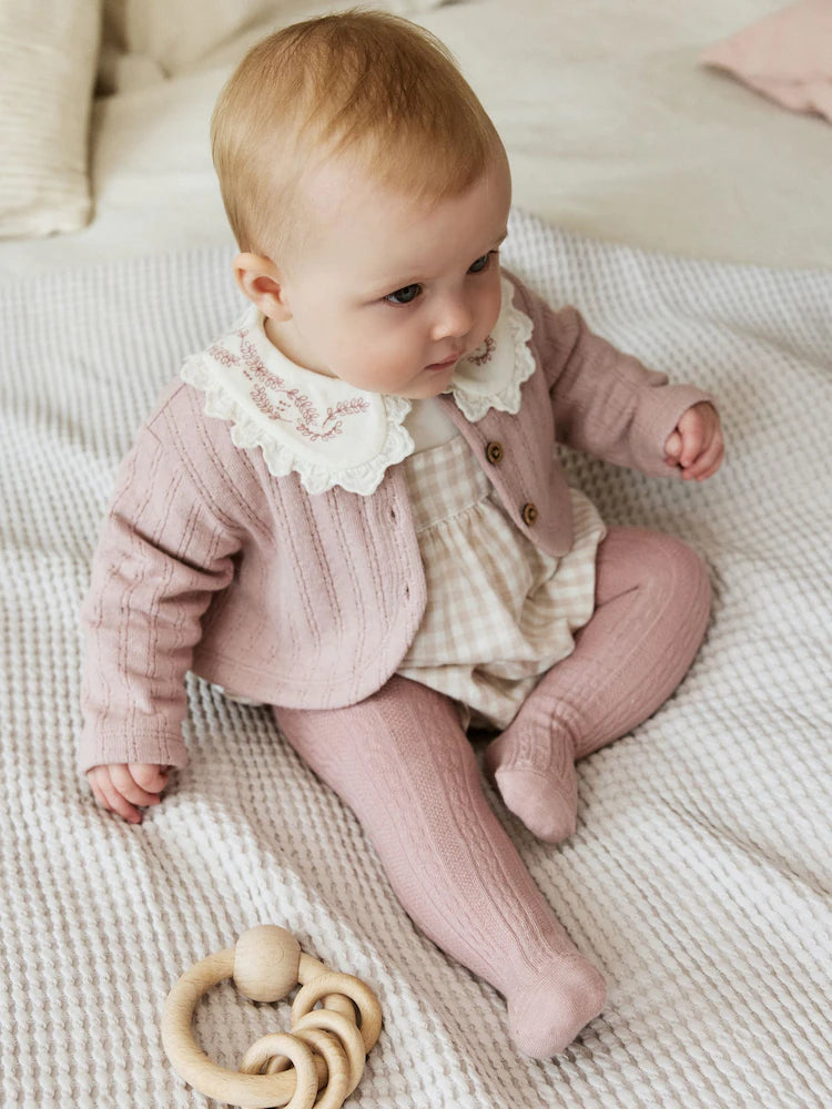 Pink Bubble Romper Long Sleeve Bodysuit Cardigan and Tights 4