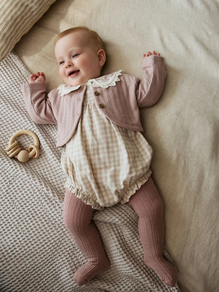 Pink Bubble Romper Long Sleeve Bodysuit Cardigan and Tights 4