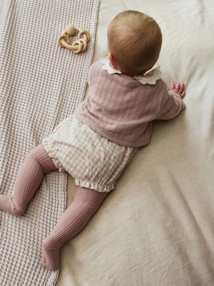 Pink Bubble Romper Long Sleeve Bodysuit Cardigan and Tights 4