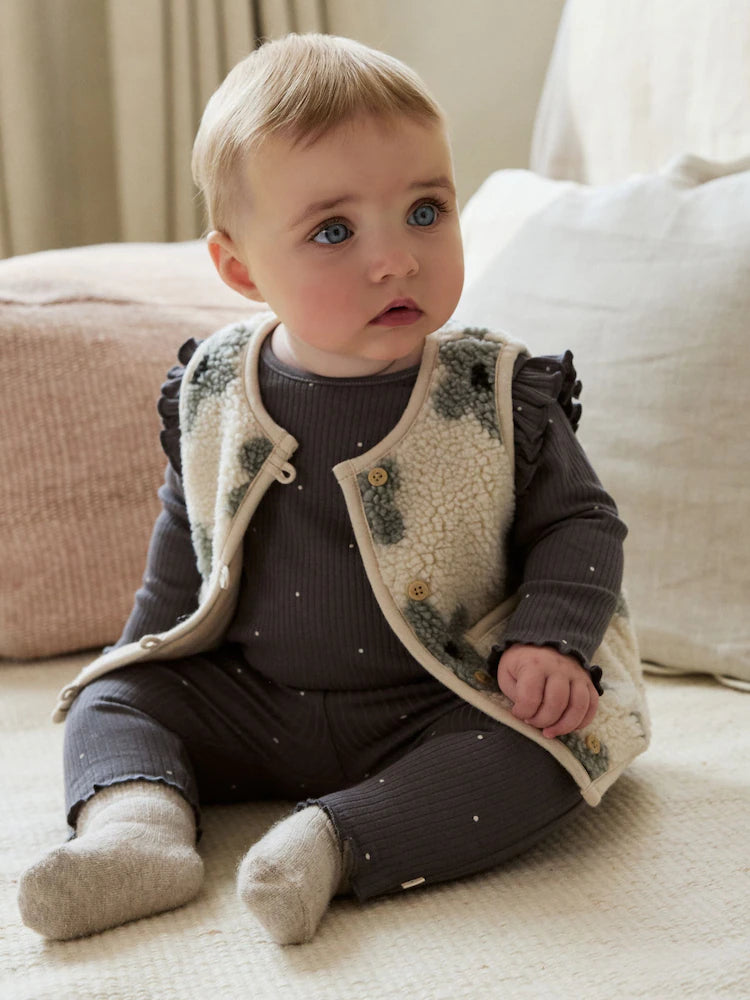 Grey Floral Baby Long Sleeve Top and Leggings with Gilet Set 3