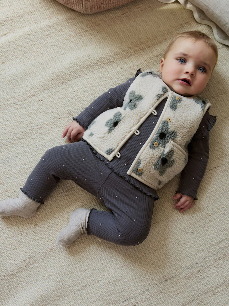 Grey Floral Baby Long Sleeve Top and Leggings with Gilet Set 3