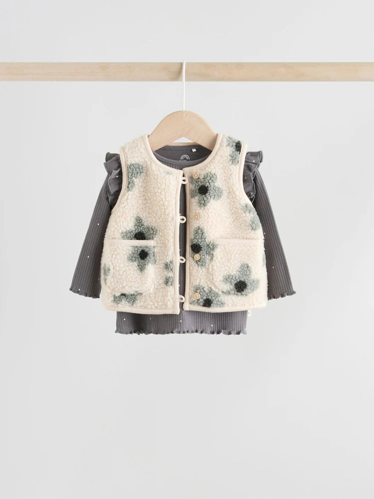 Grey Floral Baby Long Sleeve Top and Leggings with Gilet Set 3