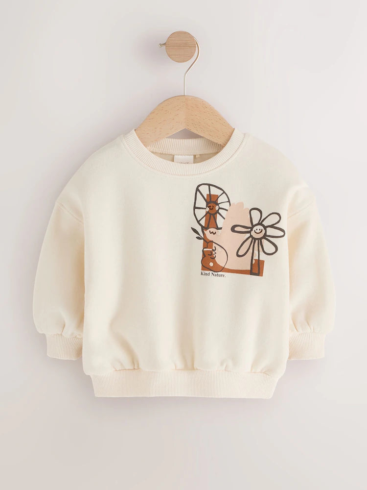 Cream Flower Graphic Print Crew Neck Sweatshirt