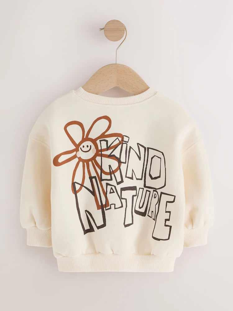 Cream Flower Graphic Print Crew Neck Sweatshirt