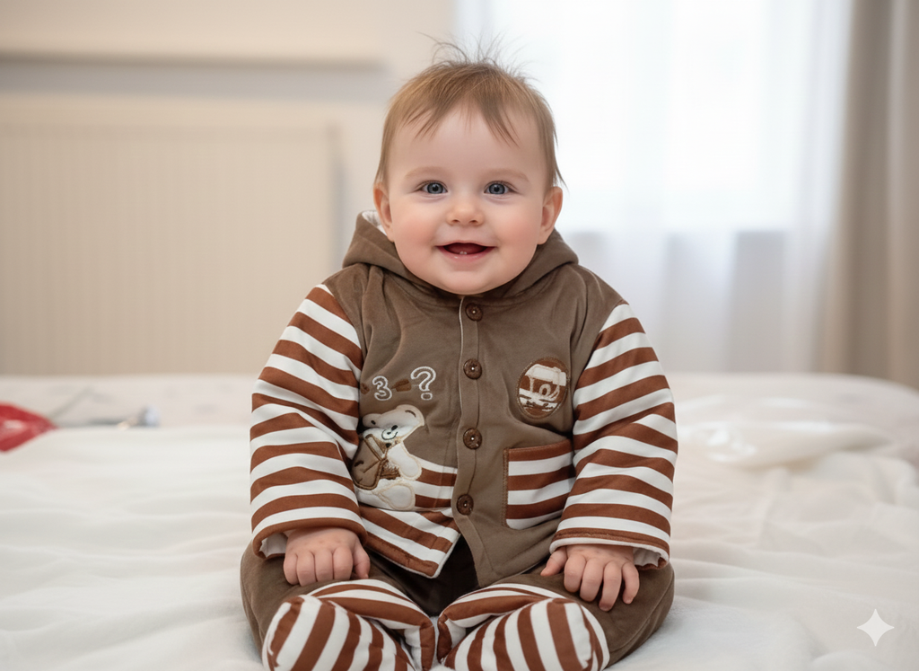 Baby Brown and White striped baby outfit Jacket with hood and Pent