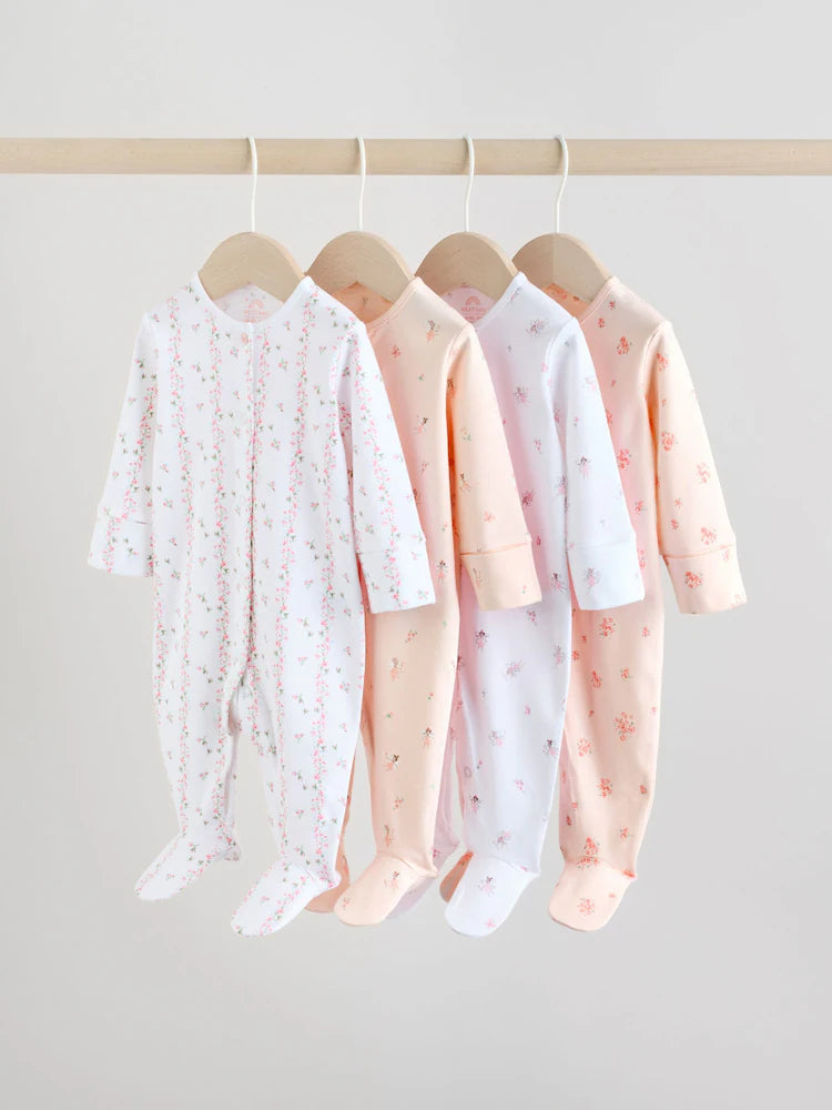 White/Pink 4 Pack Baby Sleepsuit
