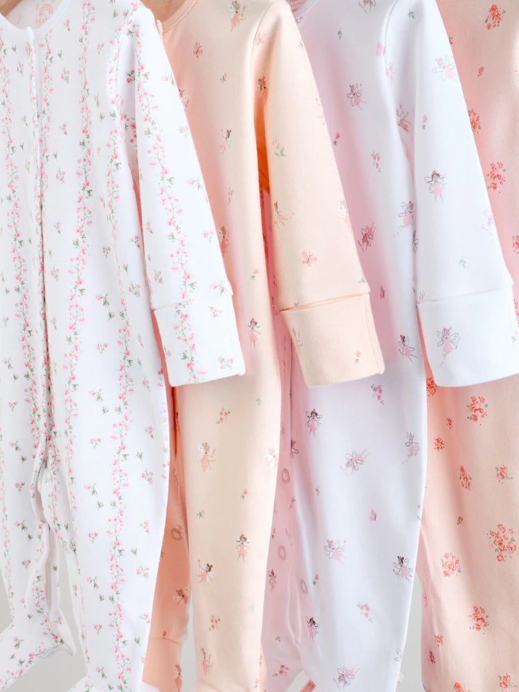 White/Pink 4 Pack Baby Sleepsuit