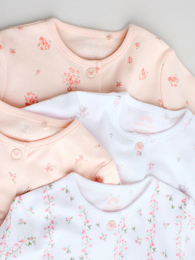 White/Pink 4 Pack Baby Sleepsuit