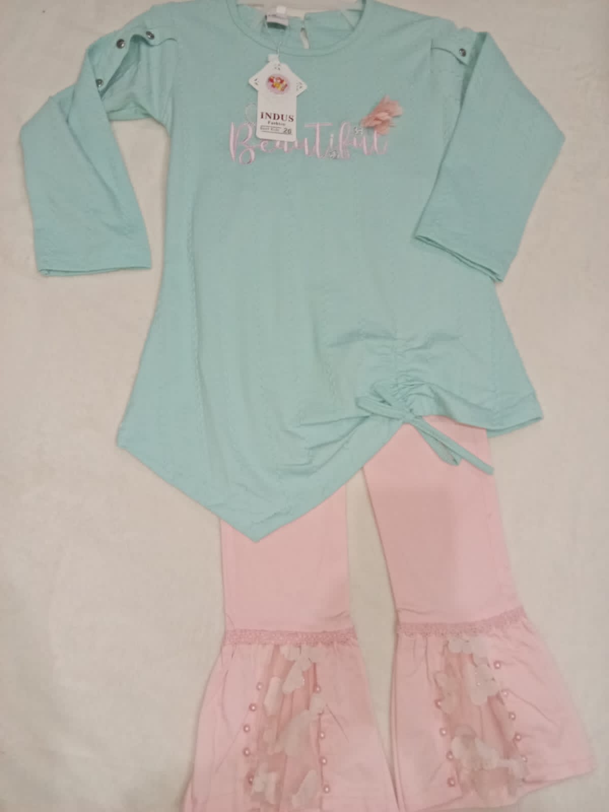 Baby Girl light blue long-sleeved top and pink bell-bottom pant