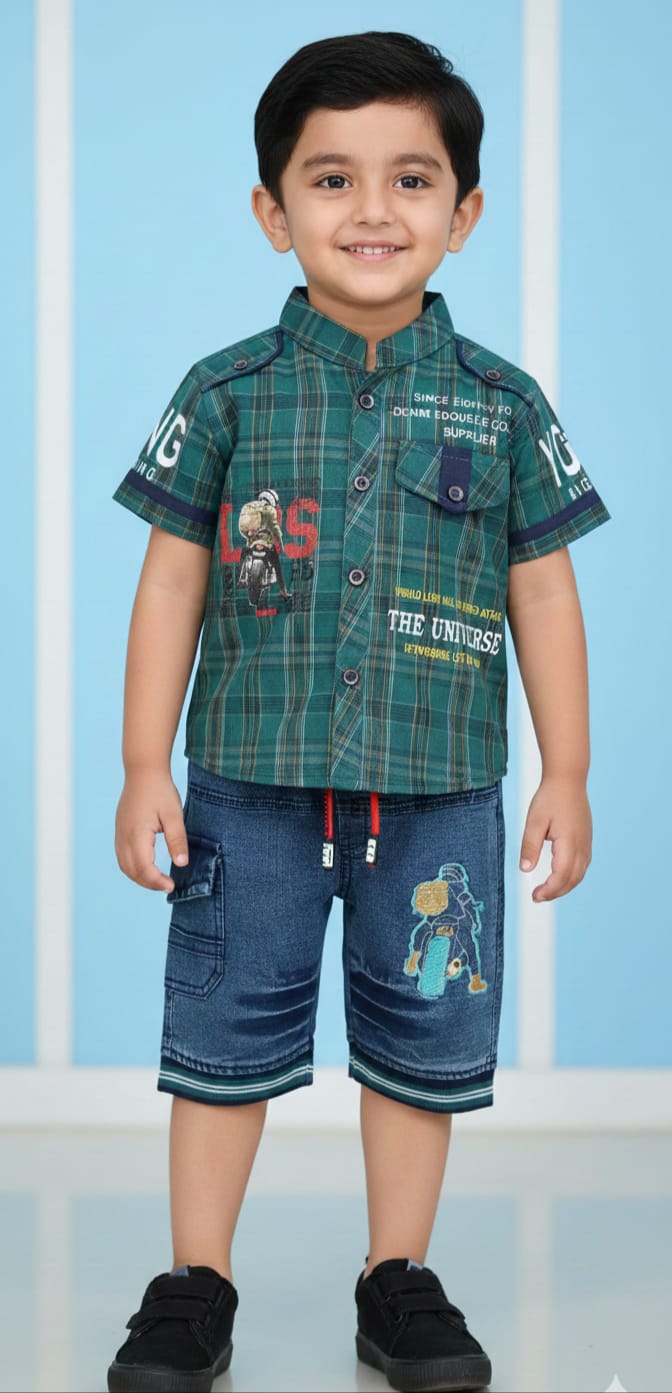 Cotton printed green shirt and blue jeans shorts