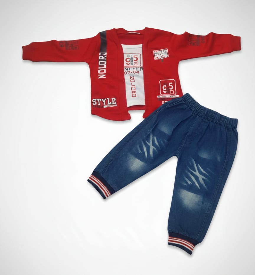 Printed red half in a shirts and blue jeans