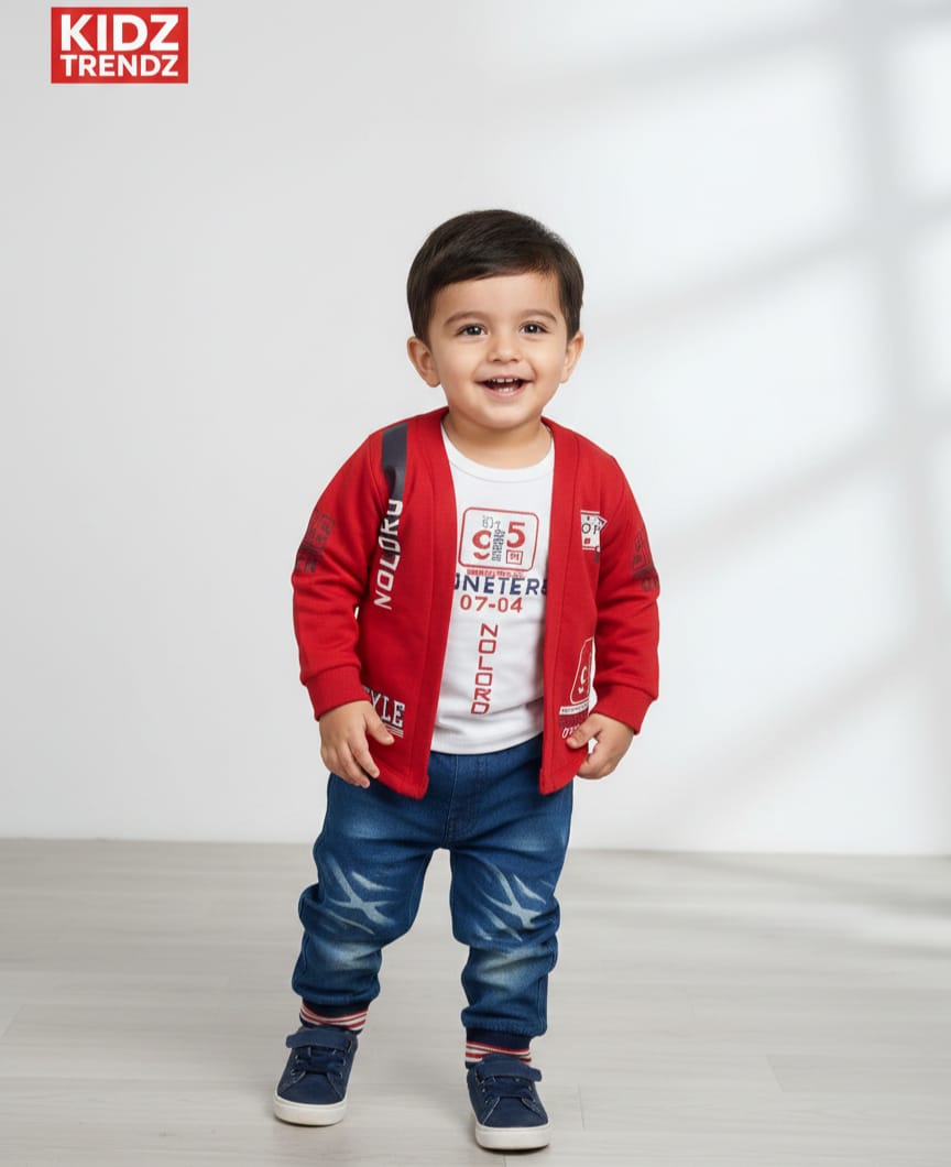 Printed red half in a shirts and blue jeans