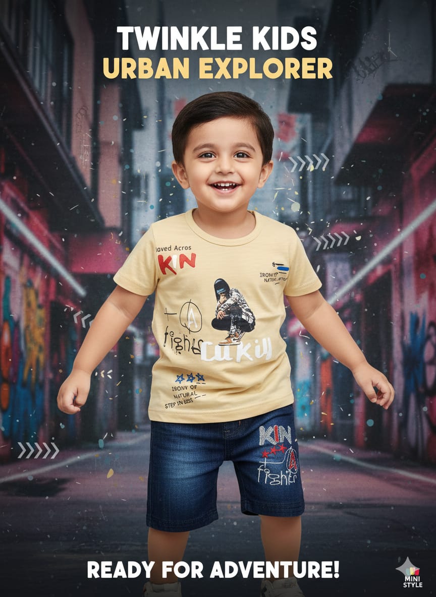 Printed skin t-shirt and blue jeans shorts