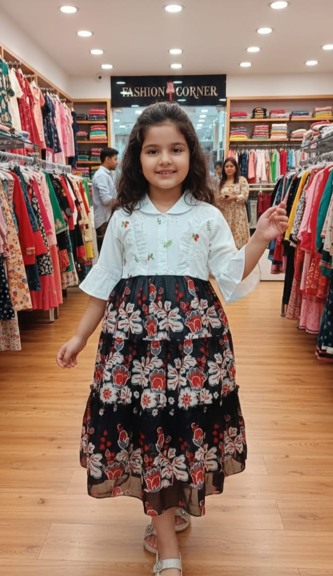 Lawn and jersey frock White and black printed colour