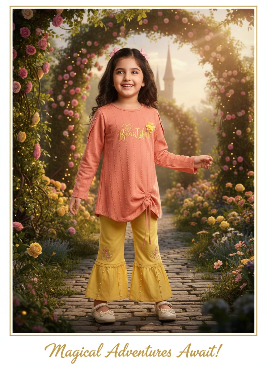 Girl peach color long-sleeved shirt and light yellow pant